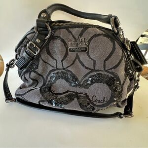 Coach Madison Signature Sequins Poppy Sophia Satchel Bag Black Canvas & Leather